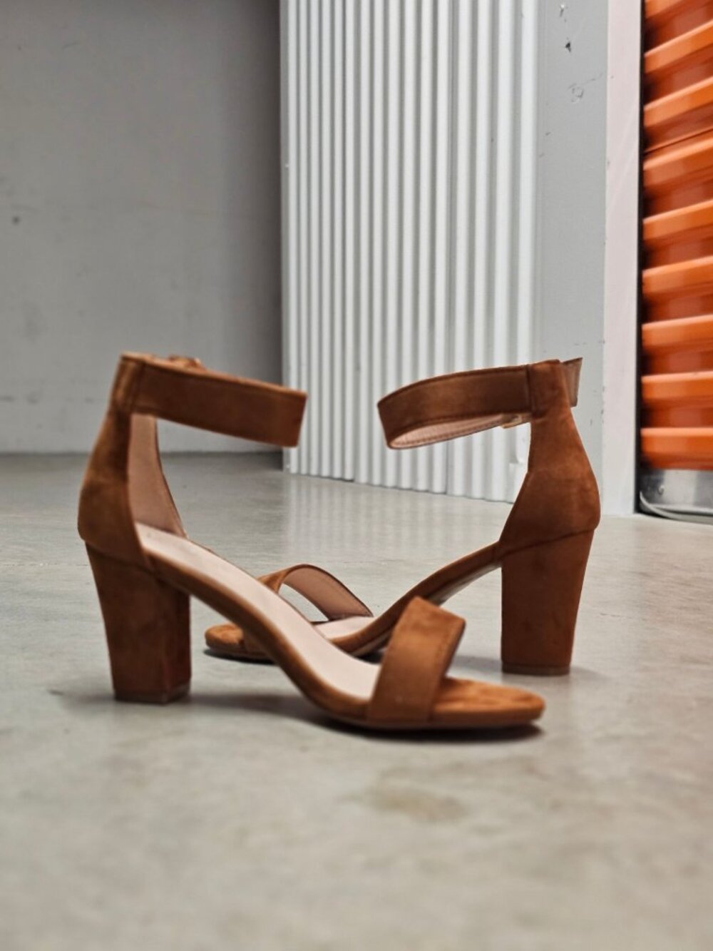 Tan Faux Suede Block Heel Sandals With Adjustable Ankle Strap Open Toe Design Wo - Picture 12 of 14